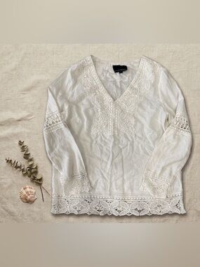 Cynthia Rowley Linen Blend White Lace-Trim V-Neck Tunic Small